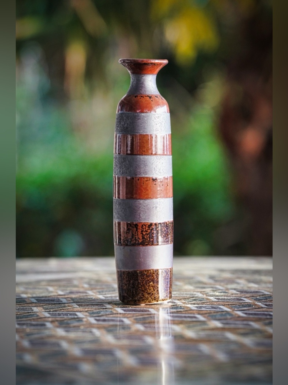 Bombay Pottery Tall Slender Striped Vase - Brown & Metallic Gray